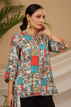 Juniper Blue Rayon Ethnic Motif Printed High-Lacy Mandarin Collar Women Tunic | Grocsy
