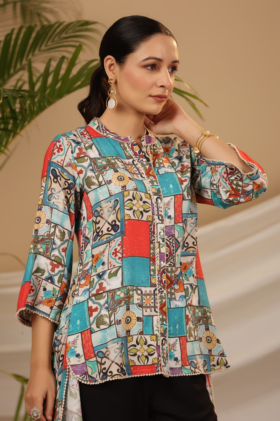Juniper Blue Rayon Ethnic Motif Printed High-Lacy Mandarin Collar Women Tunic | Grocsy