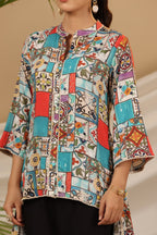 Juniper Blue Rayon Ethnic Motif Printed High-Lacy Mandarin Collar Women Tunic | Grocsy