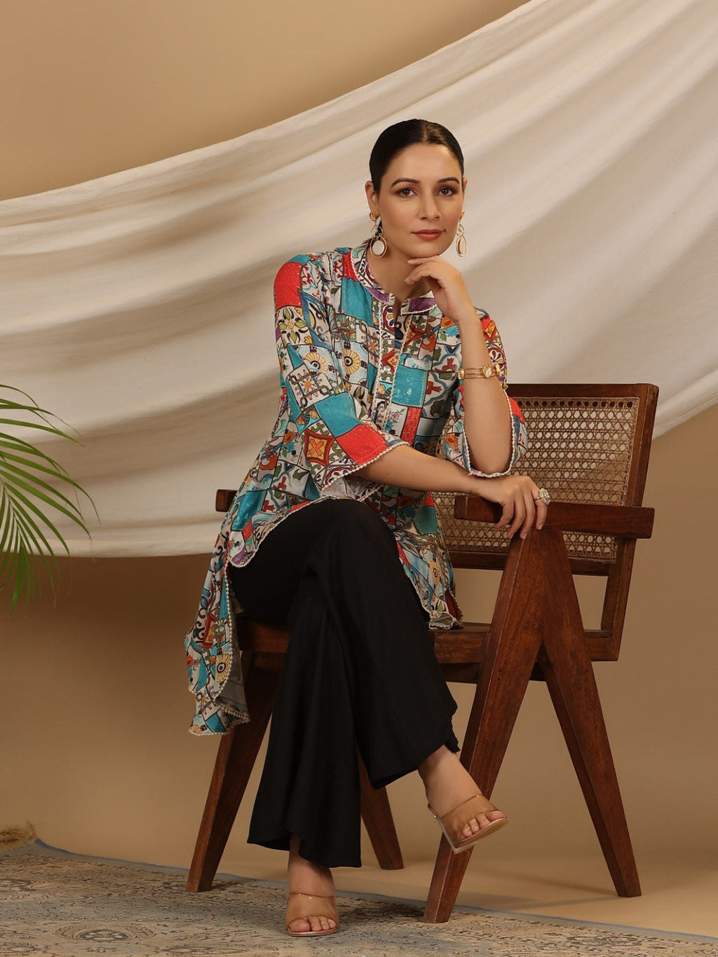Juniper Blue Rayon Ethnic Motif Printed High-Lacy Mandarin Collar Women Tunic | Grocsy