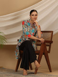 Juniper Blue Rayon Ethnic Motif Printed High-Lacy Mandarin Collar Women Tunic | Grocsy