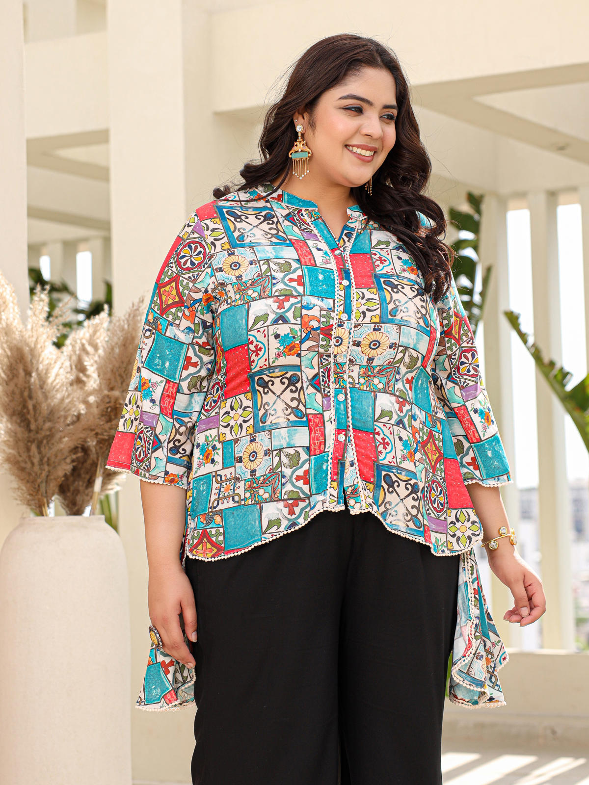 Juniper Women's The Digitopia Multi-Coloured Rayon Printed High-Low Tunic | Grocsy