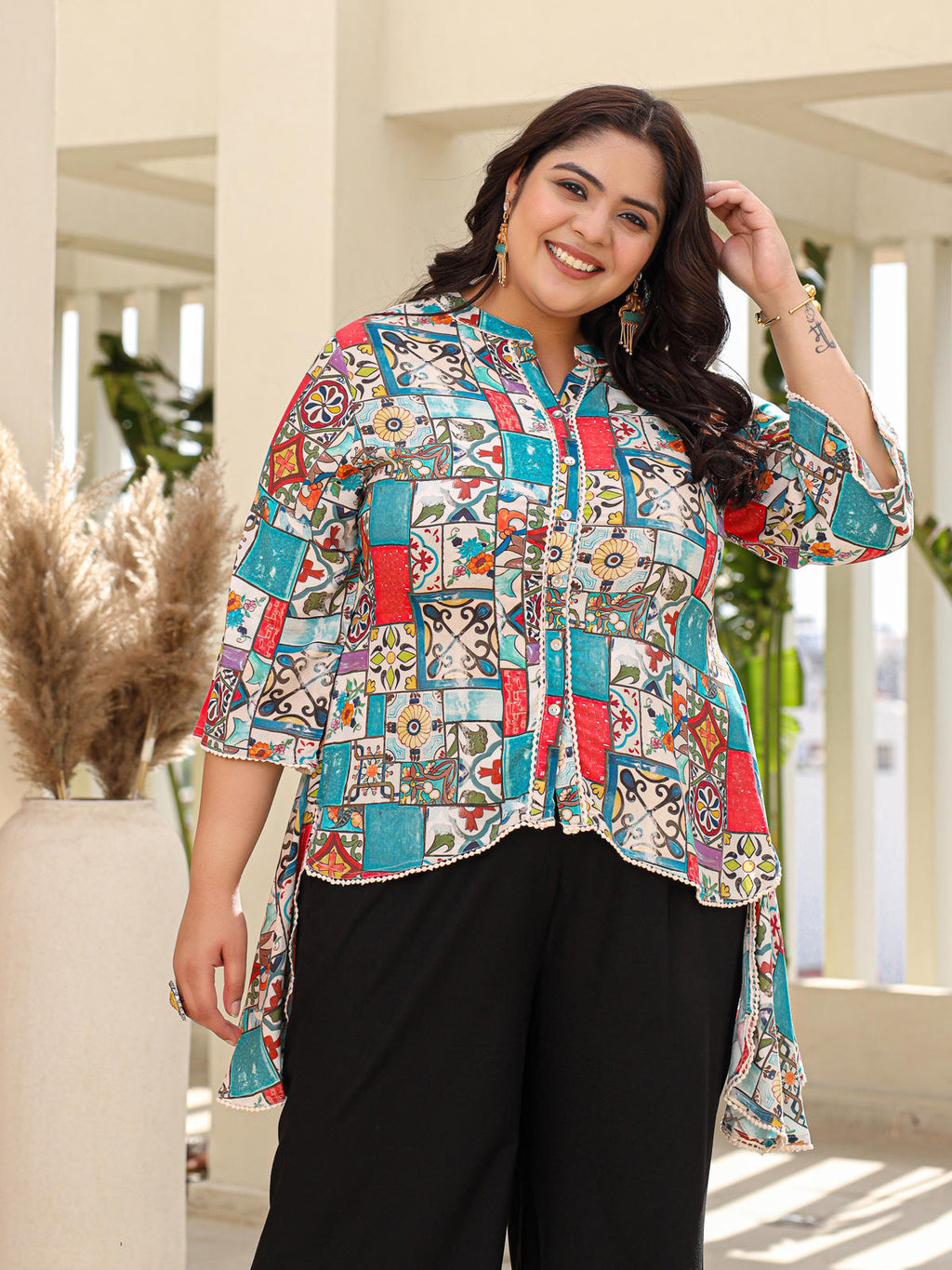 Juniper Women's The Digitopia Multi-Coloured Rayon Printed High-Low Tunic | Grocsy
