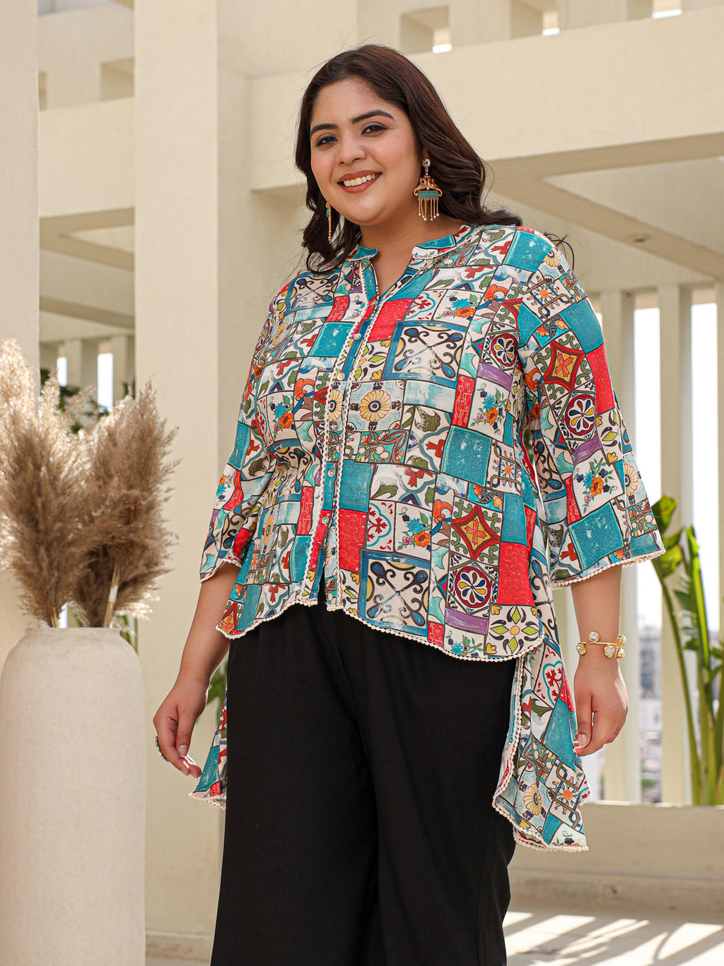 Juniper Women's The Digitopia Multi-Coloured Rayon Printed High-Low Tunic | Grocsy