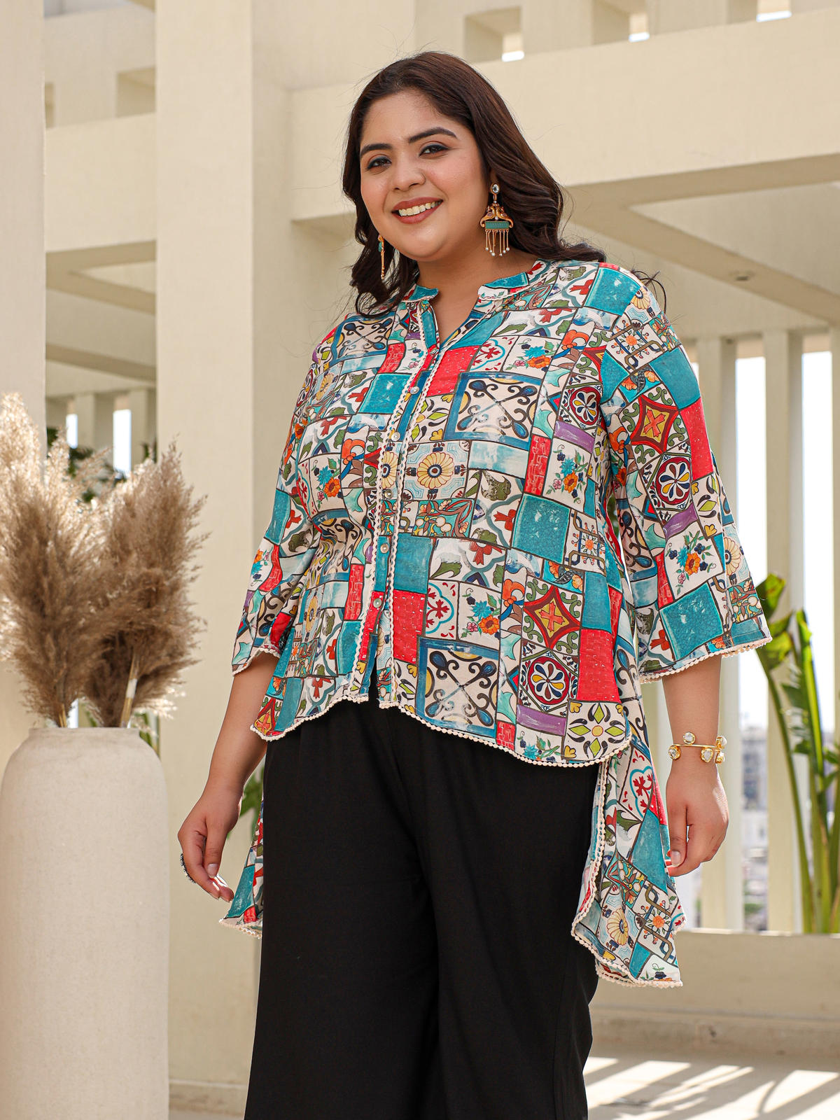 Juniper Women's The Digitopia Multi-Coloured Rayon Printed High-Low Tunic | Grocsy