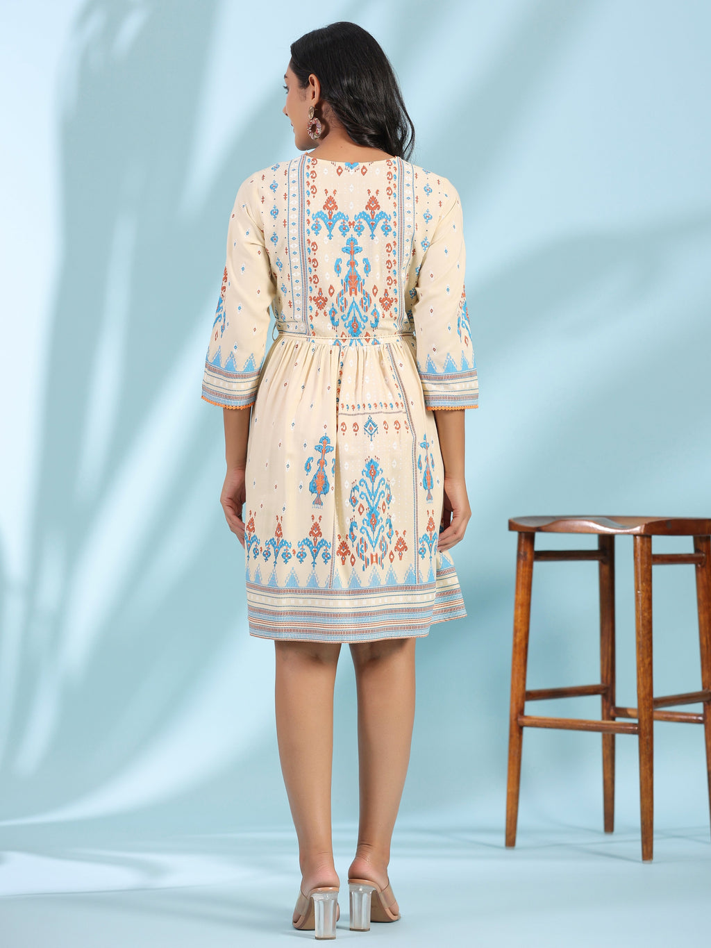 Juniper Women's Off-White Rayon Ikat Printed Fit & Flare Lacy Short Dress With Dori Tie-Up At Waist | Grocsy