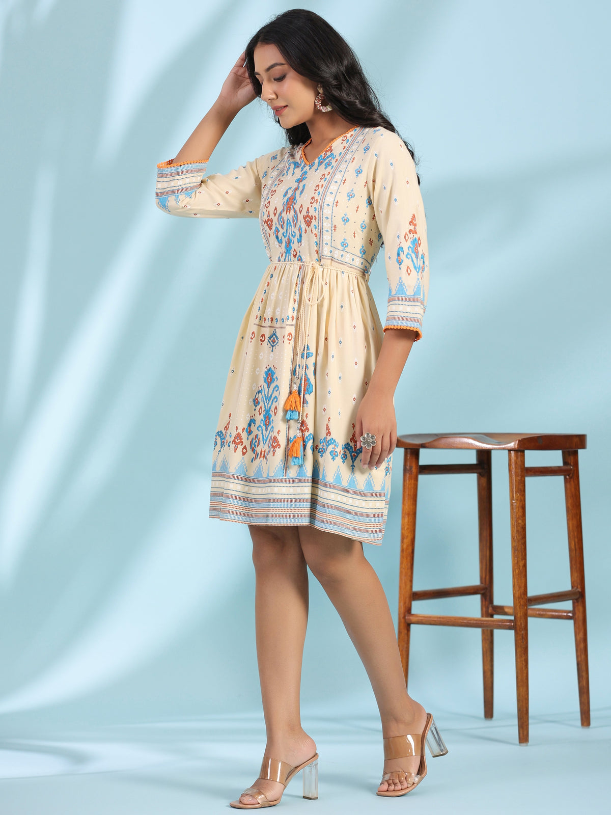 Juniper Women's Off-White Rayon Ikat Printed Fit & Flare Lacy Short Dress With Dori Tie-Up At Waist | Grocsy