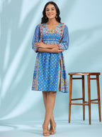 Juniper Women's Blue Floral Printed Pure Cotton Dress With Beads & sequins Work | Grocsy