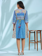 Juniper Women's Blue Floral Printed Pure Cotton Dress With Beads & sequins Work | Grocsy