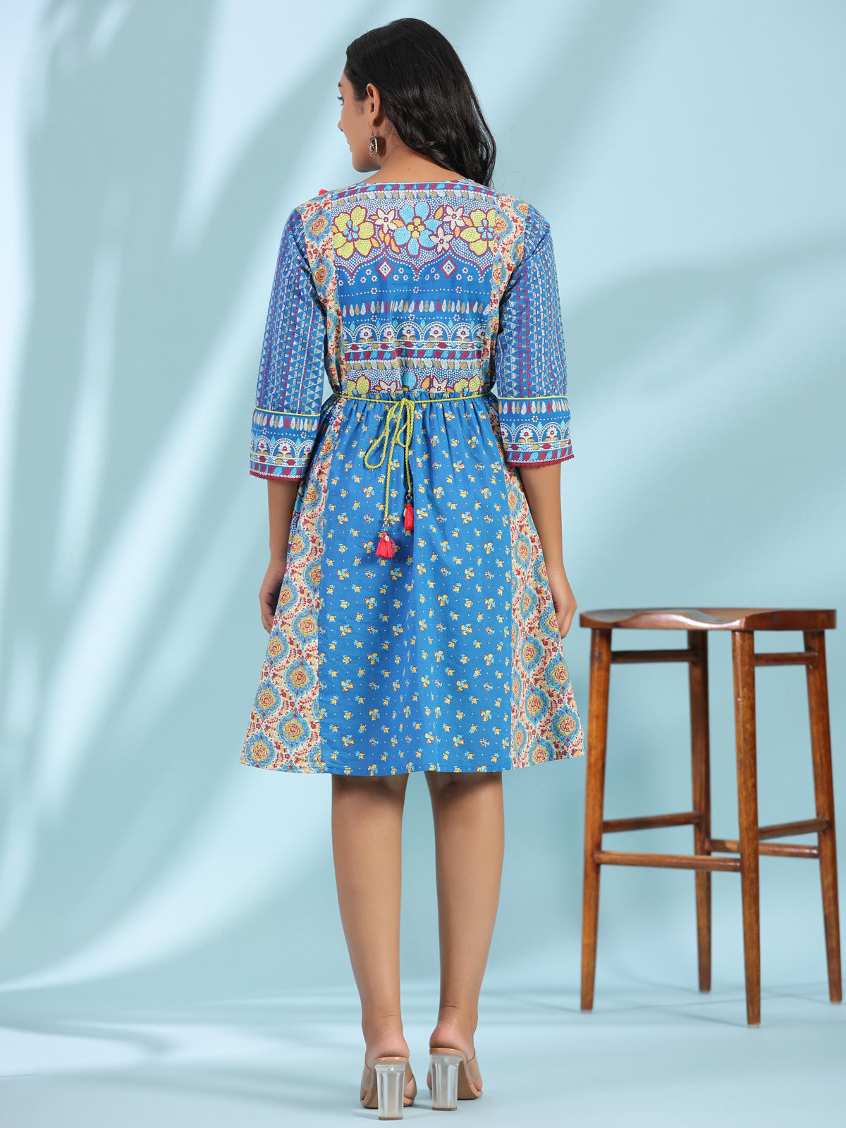 Juniper Women's Blue Floral Printed Pure Cotton Dress With Beads & sequins Work | Grocsy