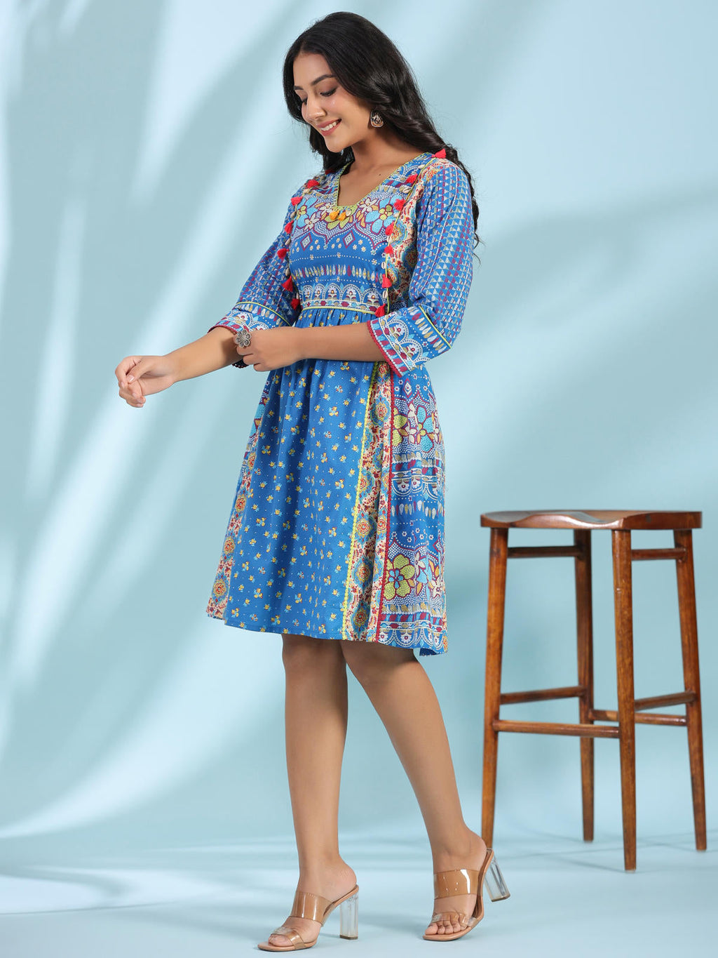 Juniper Women's Blue Floral Printed Pure Cotton Dress With Beads & sequins Work | Grocsy