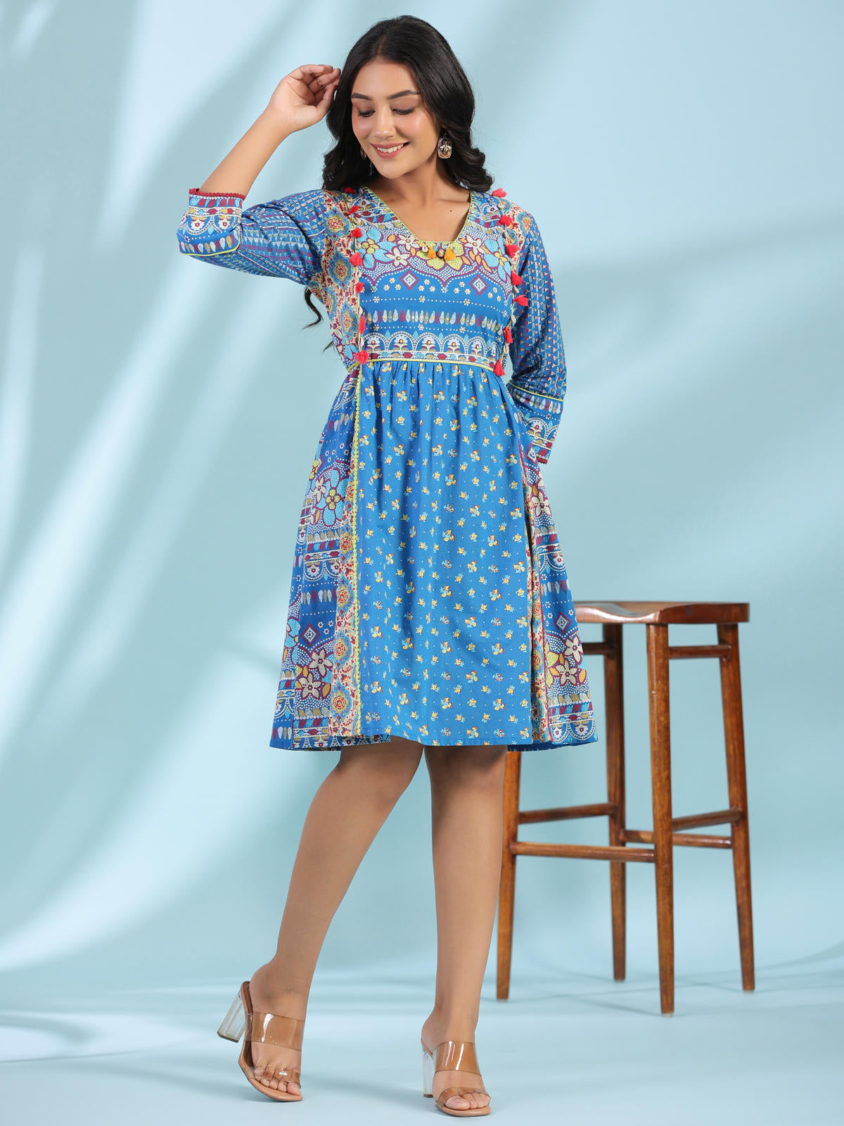 Juniper Women's Blue Floral Printed Pure Cotton Dress With Beads & sequins Work | Grocsy