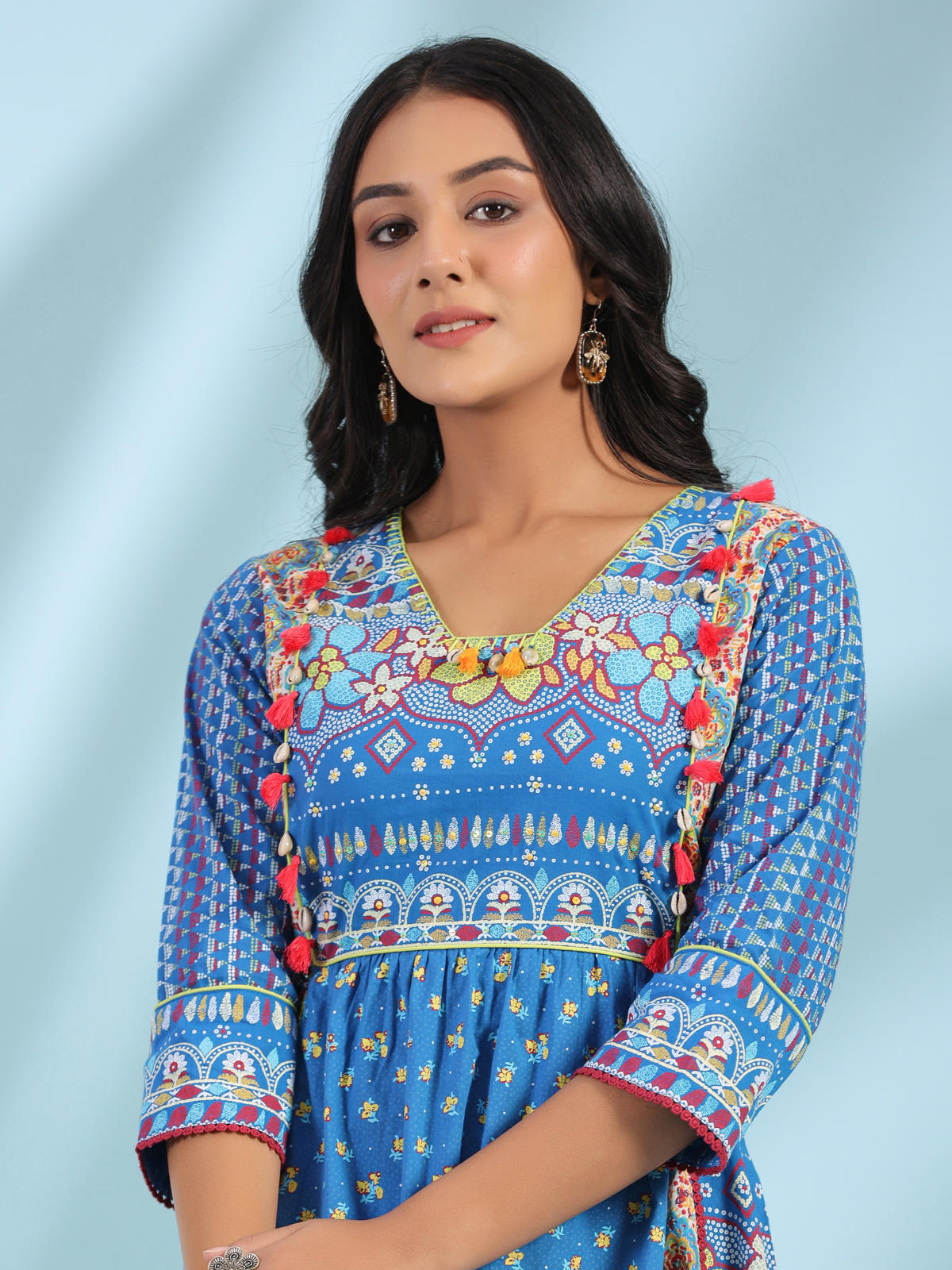 Juniper Women's Blue Floral Printed Pure Cotton Dress With Beads & sequins Work | Grocsy