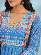 Juniper Women's Blue Floral Printed Pure Cotton Dress With Beads & sequins Work | Grocsy