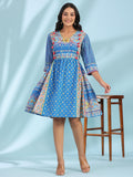 Juniper Women's Blue Floral Printed Pure Cotton Dress With Beads & sequins Work | Grocsy
