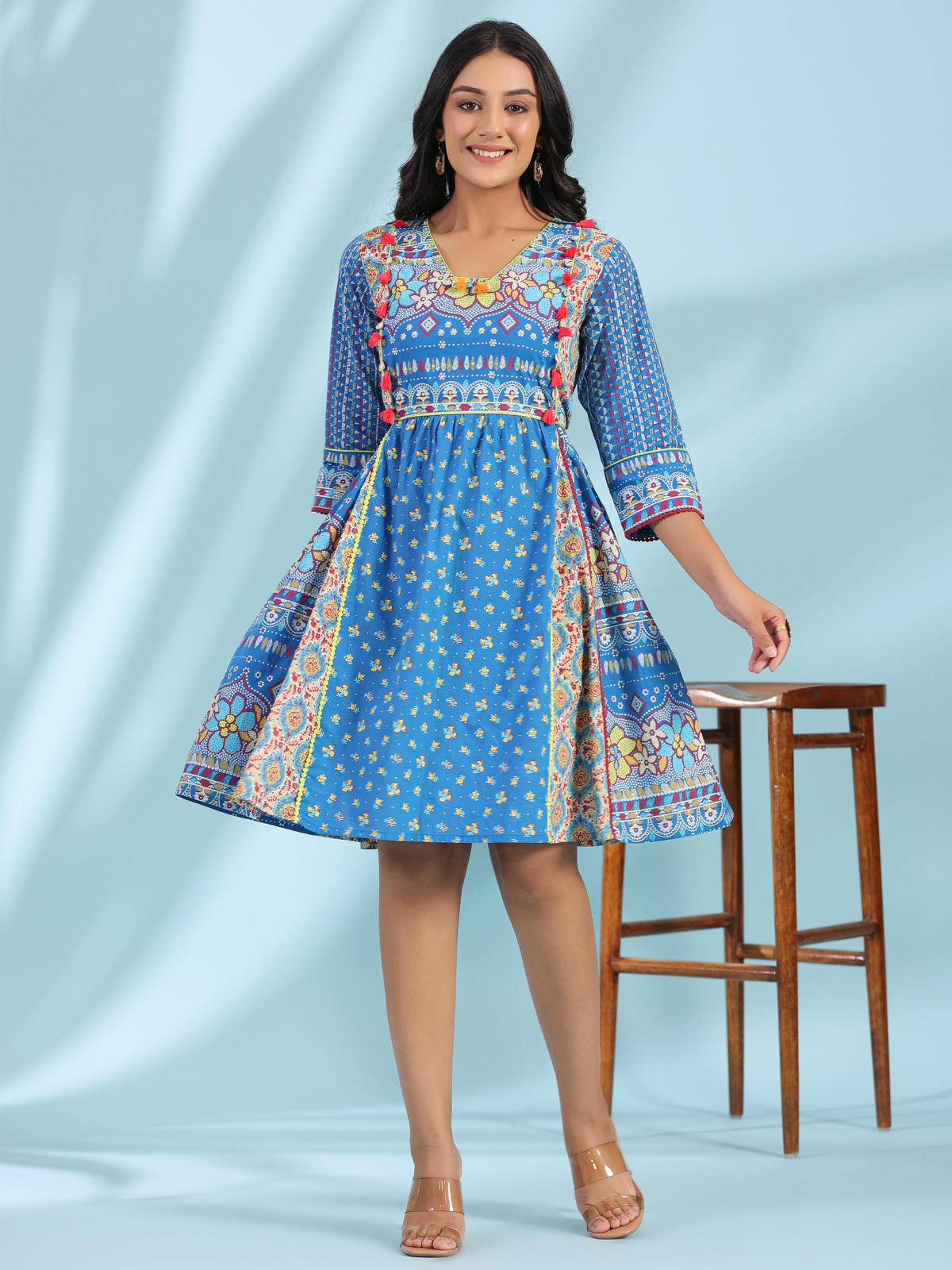 Juniper Women's Blue Floral Printed Pure Cotton Dress With Beads & sequins Work | Grocsy