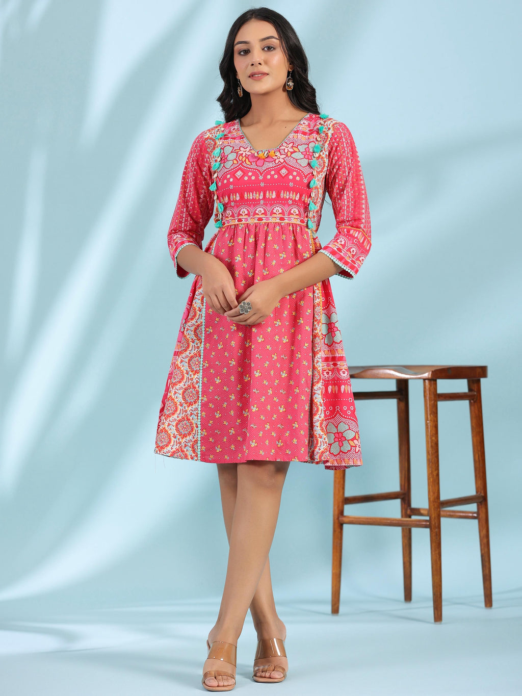 Juniper Women's Pink Pure Cotton Floral Printed Panelled Short Dress With Contrasting Tassels & Beadwork | Grocsy