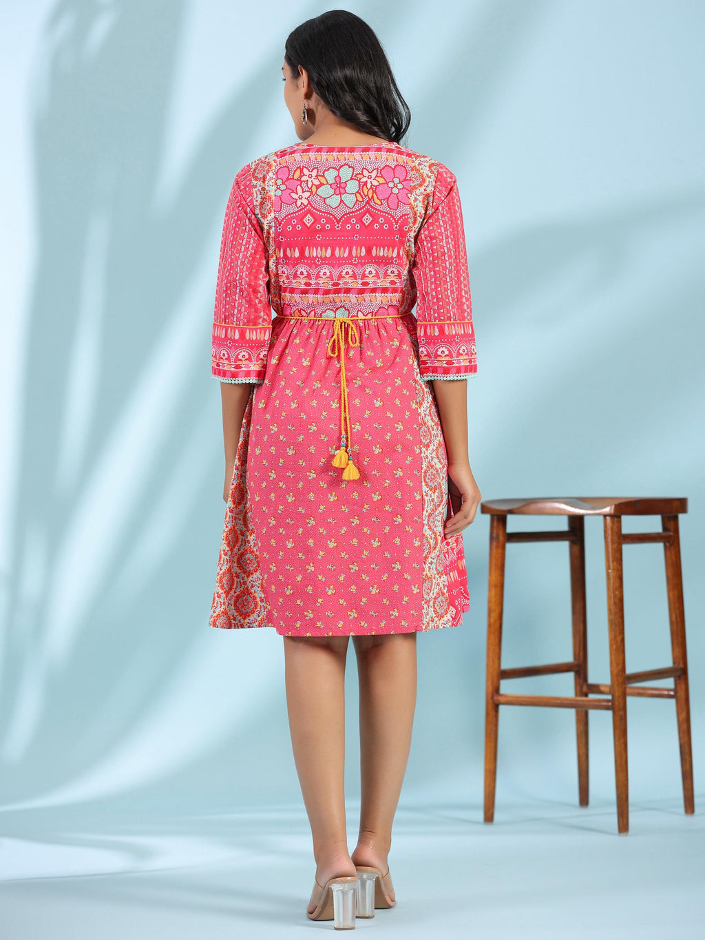 Juniper Women's Pink Pure Cotton Floral Printed Panelled Short Dress With Contrasting Tassels & Beadwork | Grocsy