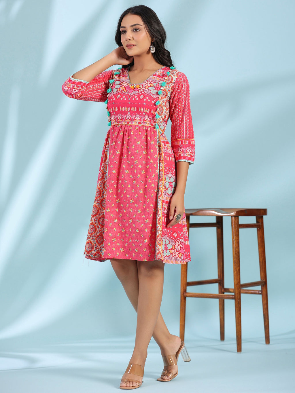 Juniper Women's Pink Pure Cotton Floral Printed Panelled Short Dress With Contrasting Tassels & Beadwork | Grocsy