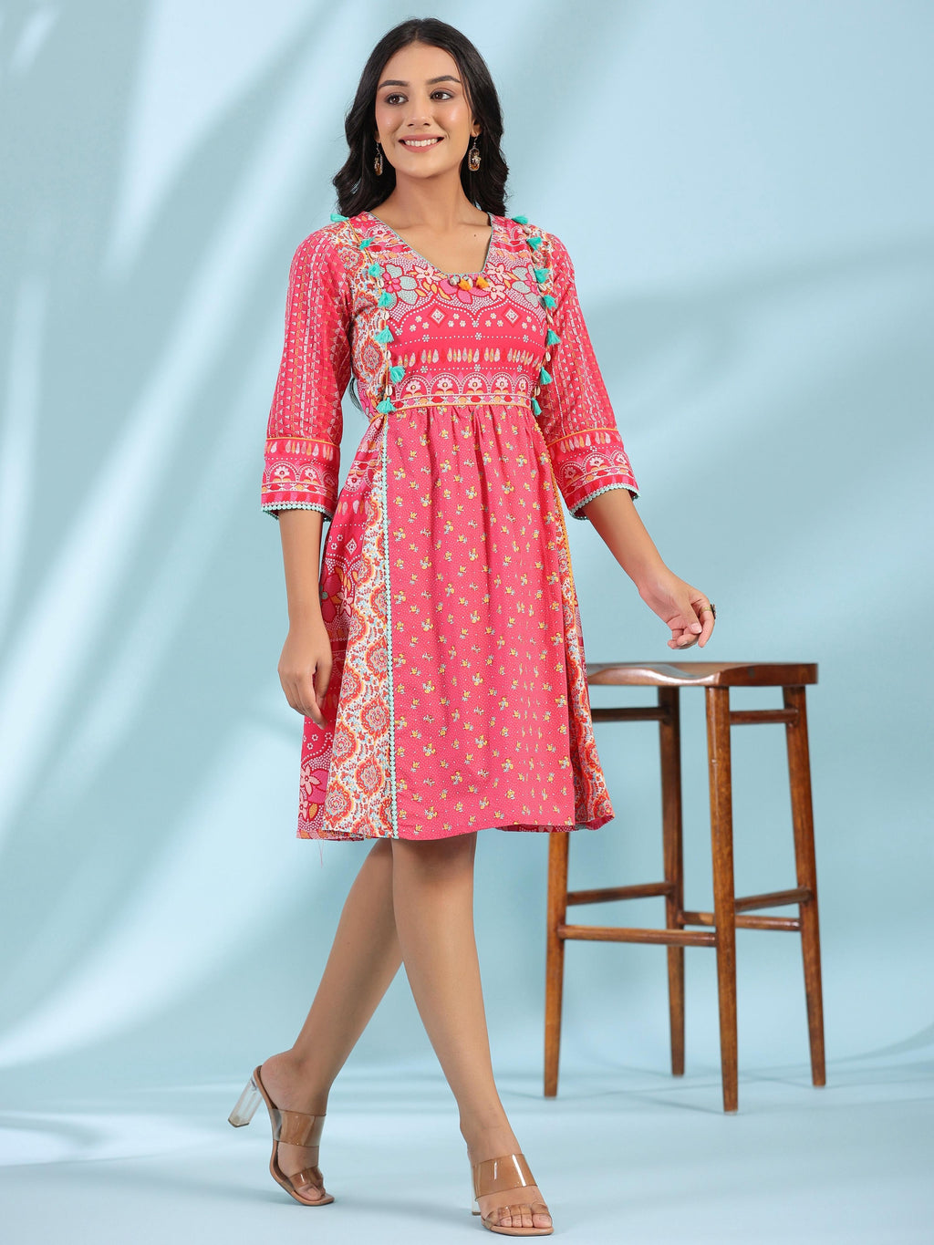 Juniper Women's Pink Pure Cotton Floral Printed Panelled Short Dress With Contrasting Tassels & Beadwork | Grocsy