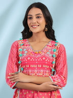 Juniper Women's Pink Pure Cotton Floral Printed Panelled Short Dress With Contrasting Tassels & Beadwork | Grocsy