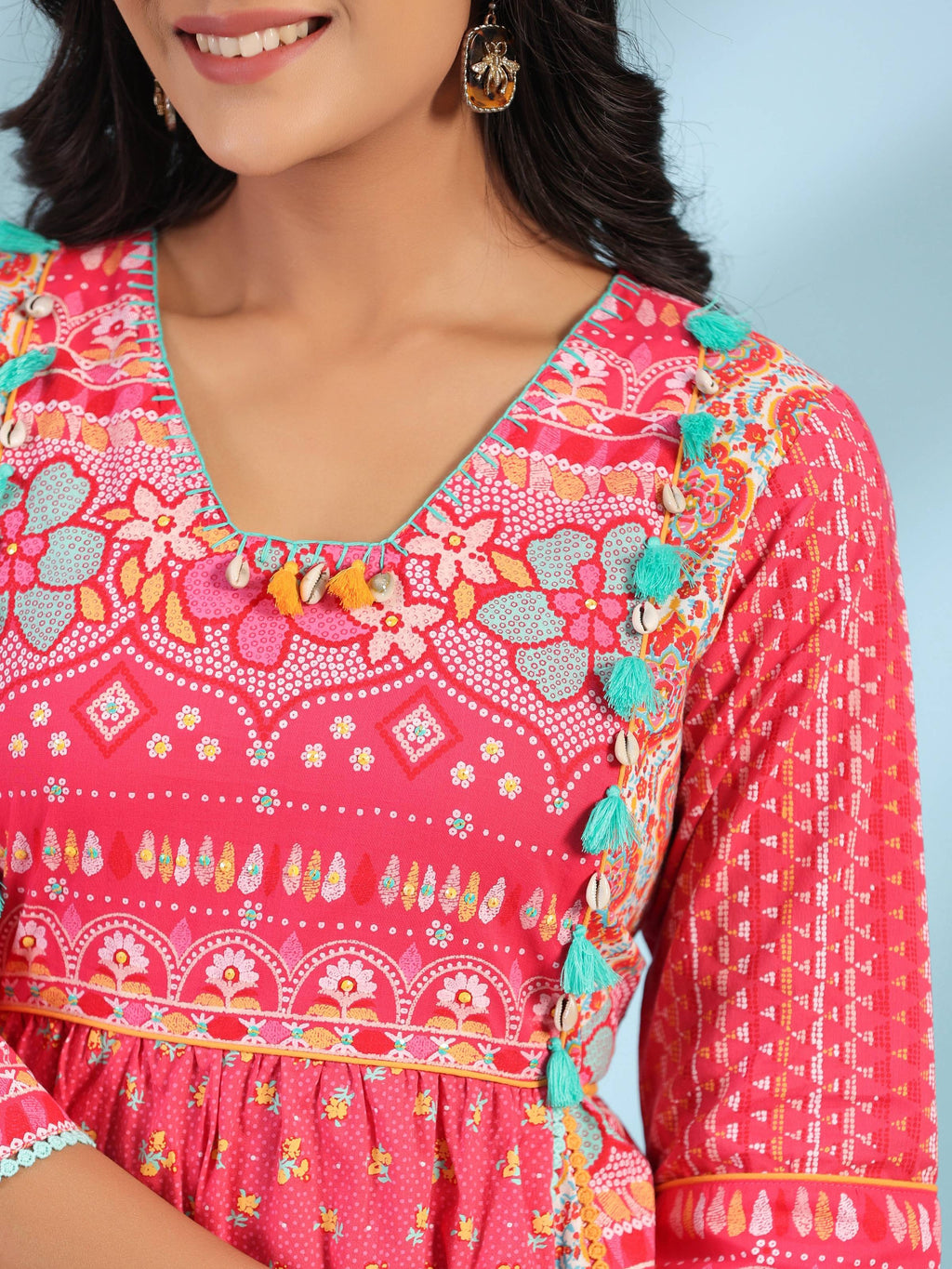 Juniper Women's Pink Pure Cotton Floral Printed Panelled Short Dress With Contrasting Tassels & Beadwork | Grocsy