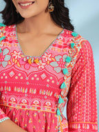 Juniper Women's Pink Pure Cotton Floral Printed Panelled Short Dress With Contrasting Tassels & Beadwork | Grocsy