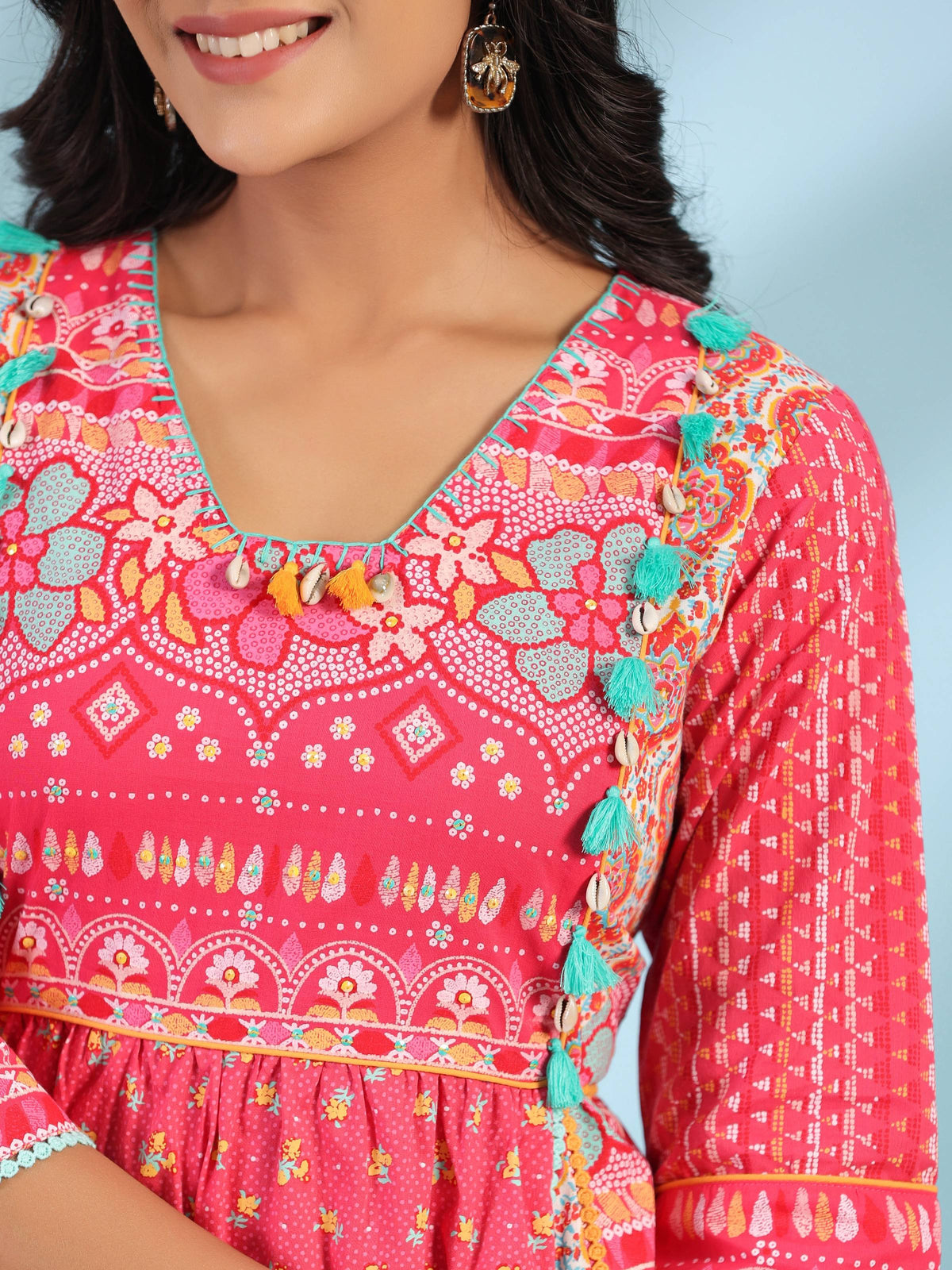 Juniper Women's Pink Pure Cotton Floral Printed Panelled Short Dress With Contrasting Tassels & Beadwork | Grocsy