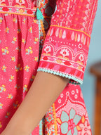 Juniper Women's Pink Pure Cotton Floral Printed Panelled Short Dress With Contrasting Tassels & Beadwork | Grocsy
