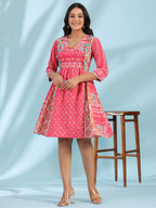 Juniper Women's Pink Pure Cotton Floral Printed Panelled Short Dress With Contrasting Tassels & Beadwork | Grocsy