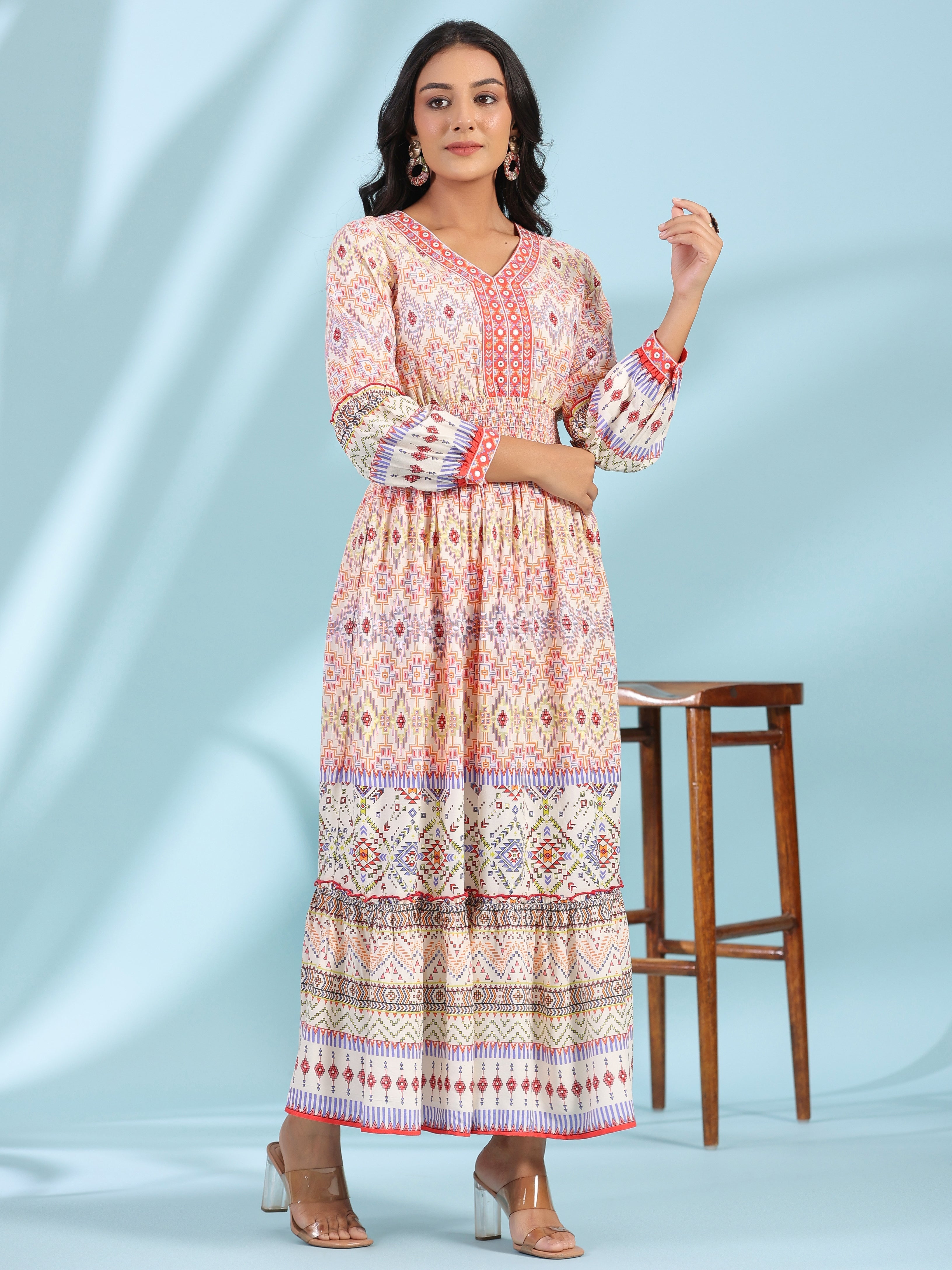 Juniper Women's Off-White Rayon Geometric Printed Tiered Maxi Dress With Mirror Work | Grocsy