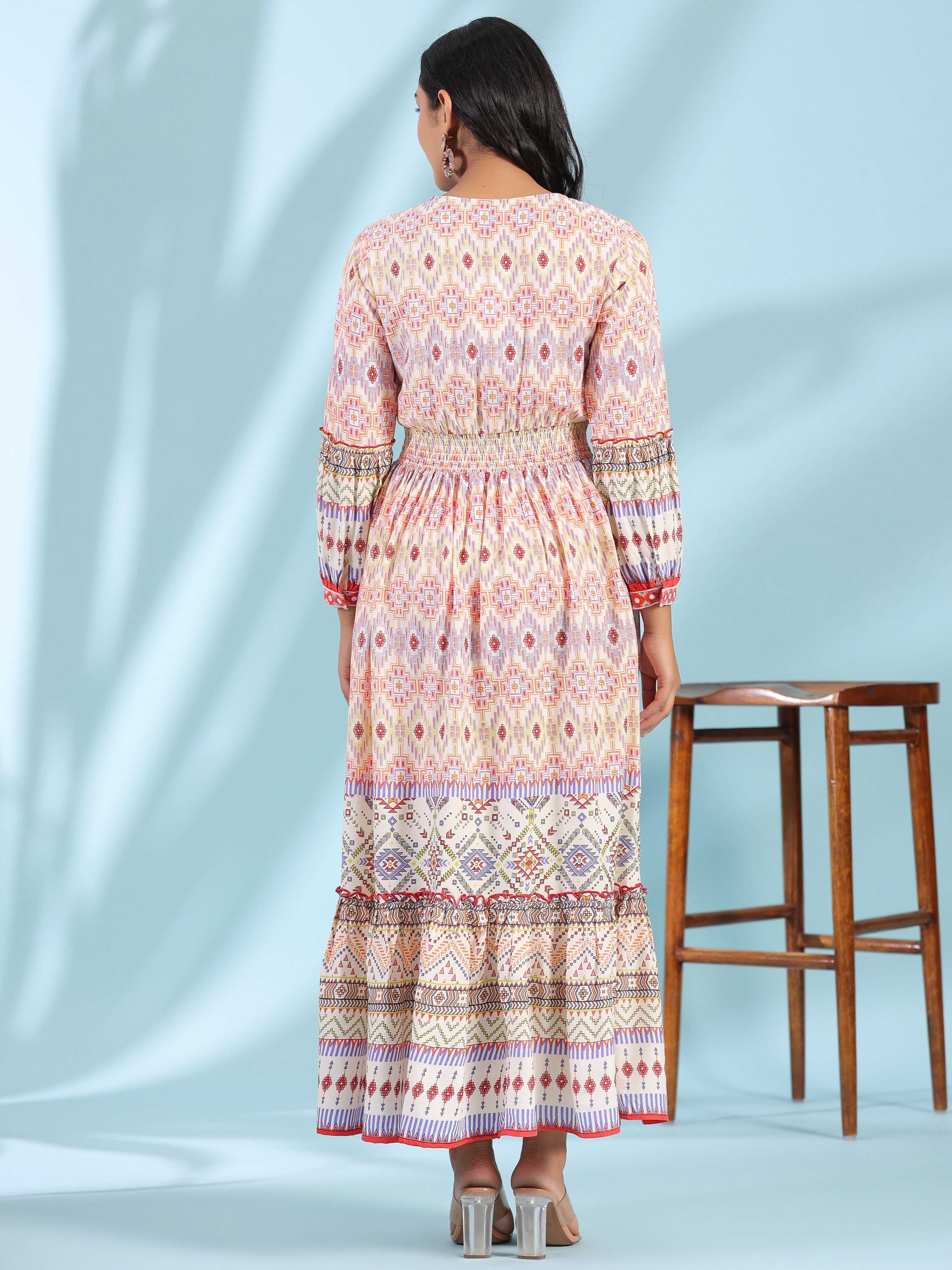 Juniper Women's Off-White Rayon Geometric Printed Tiered Maxi Dress With Mirror Work | Grocsy