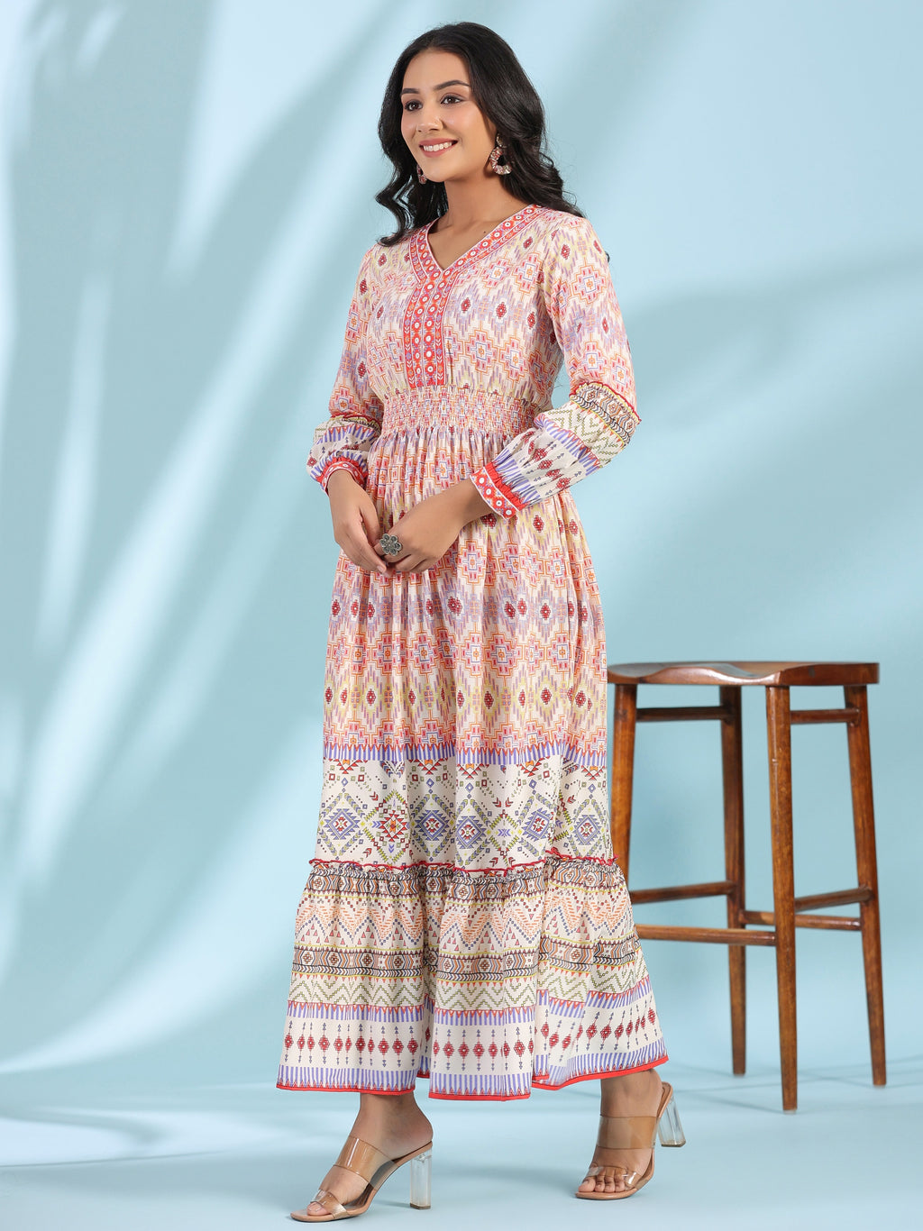 Juniper Women's Off-White Rayon Geometric Printed Tiered Maxi Dress With Mirror Work | Grocsy