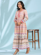 Juniper Women's Off-White Rayon Geometric Printed Tiered Maxi Dress With Mirror Work | Grocsy