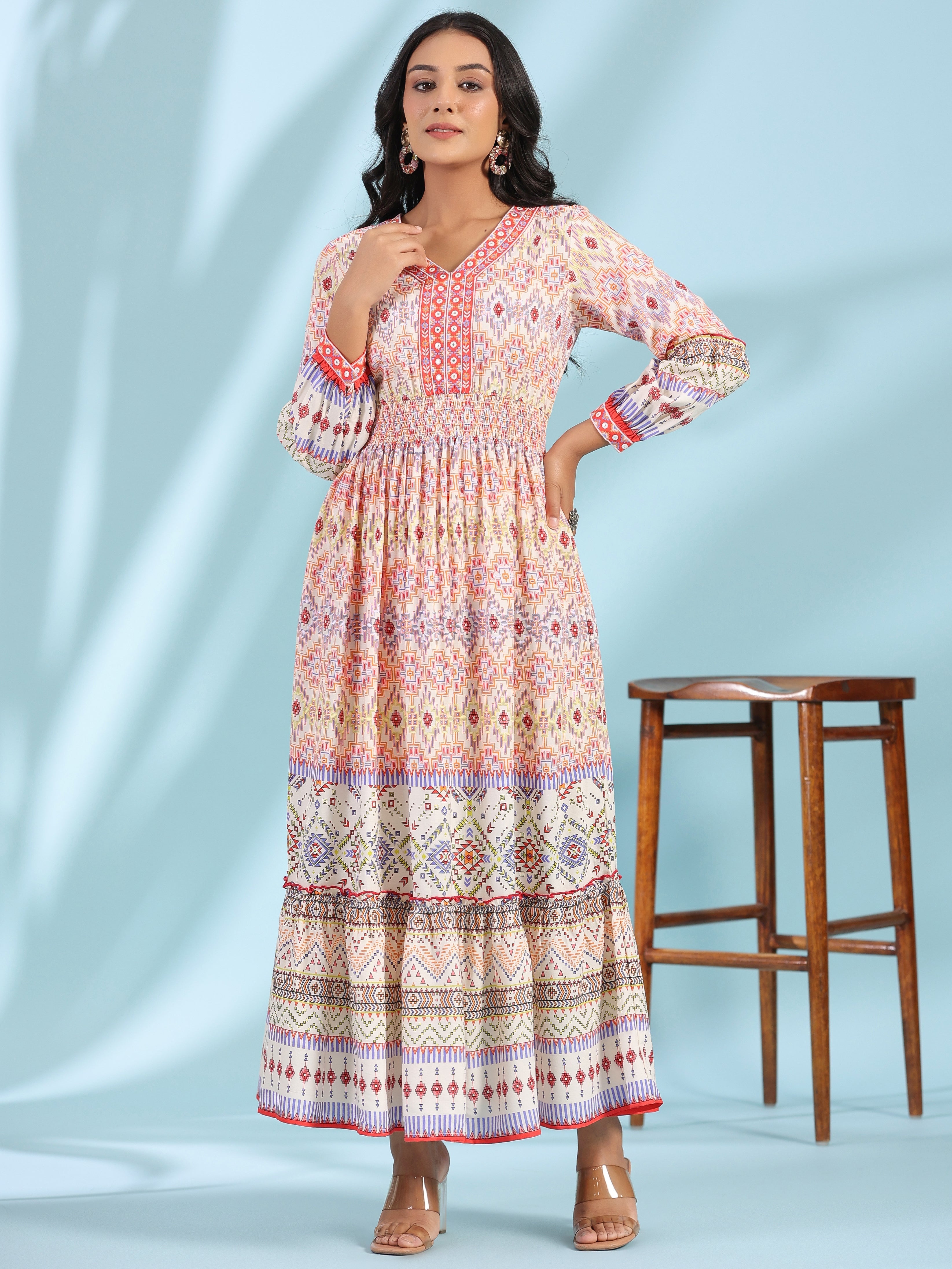 Juniper Women's Off-White Rayon Geometric Printed Tiered Maxi Dress With Mirror Work | Grocsy