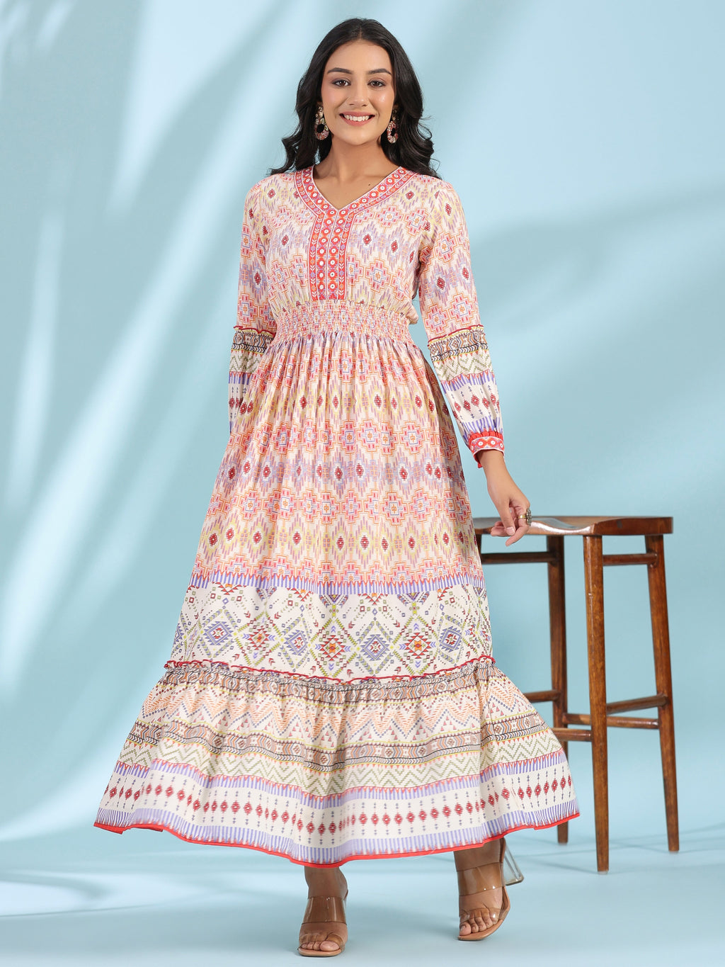 Juniper Women's Off-White Rayon Geometric Printed Tiered Maxi Dress With Mirror Work | Grocsy