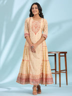 Juniper Women's Festive Ivory Ethnic Motif Printed Tiered Dress With Sequins & Beadwork | Grocsy