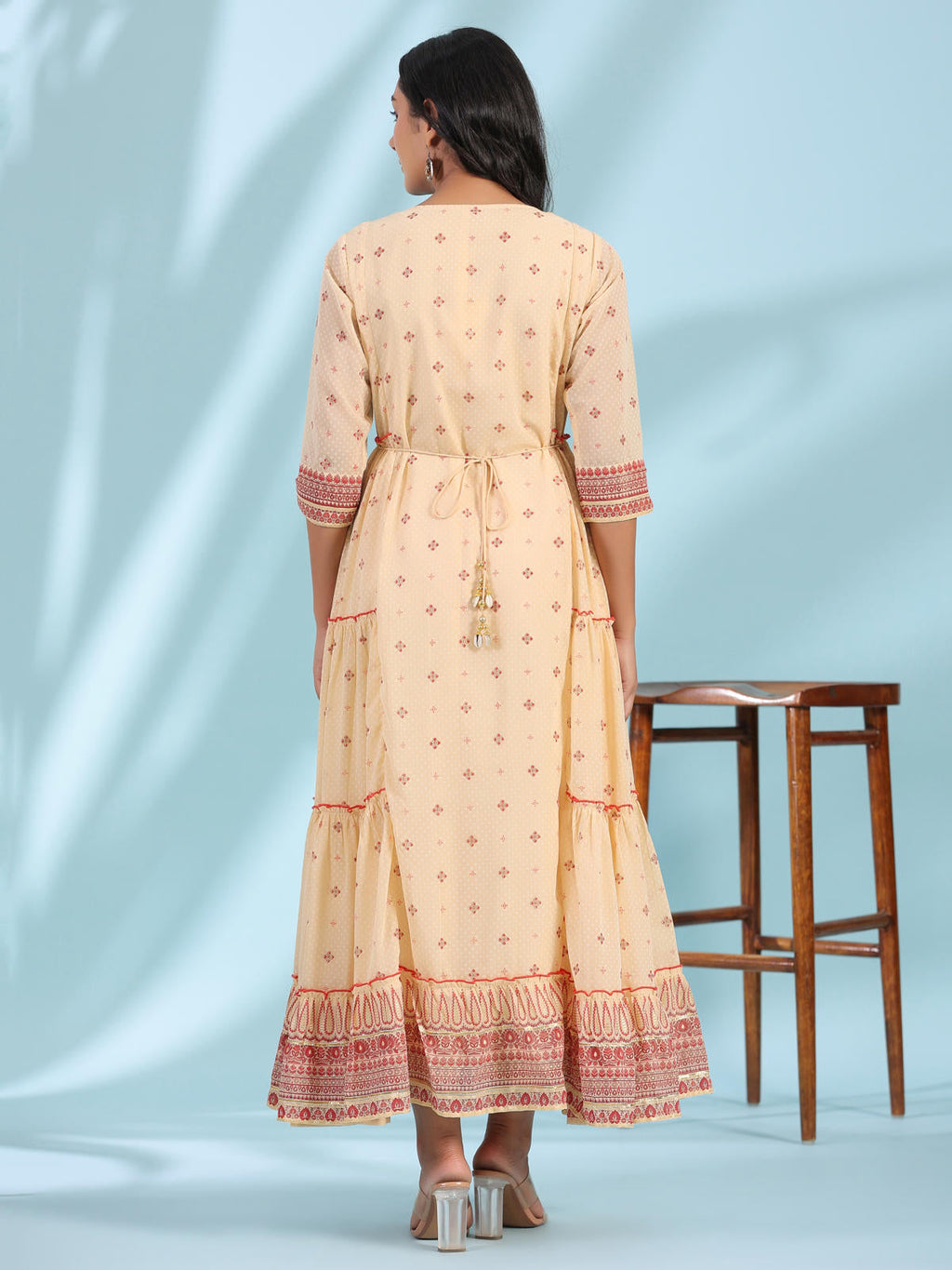 Juniper Women's Festive Ivory Ethnic Motif Printed Tiered Dress With Sequins & Beadwork | Grocsy