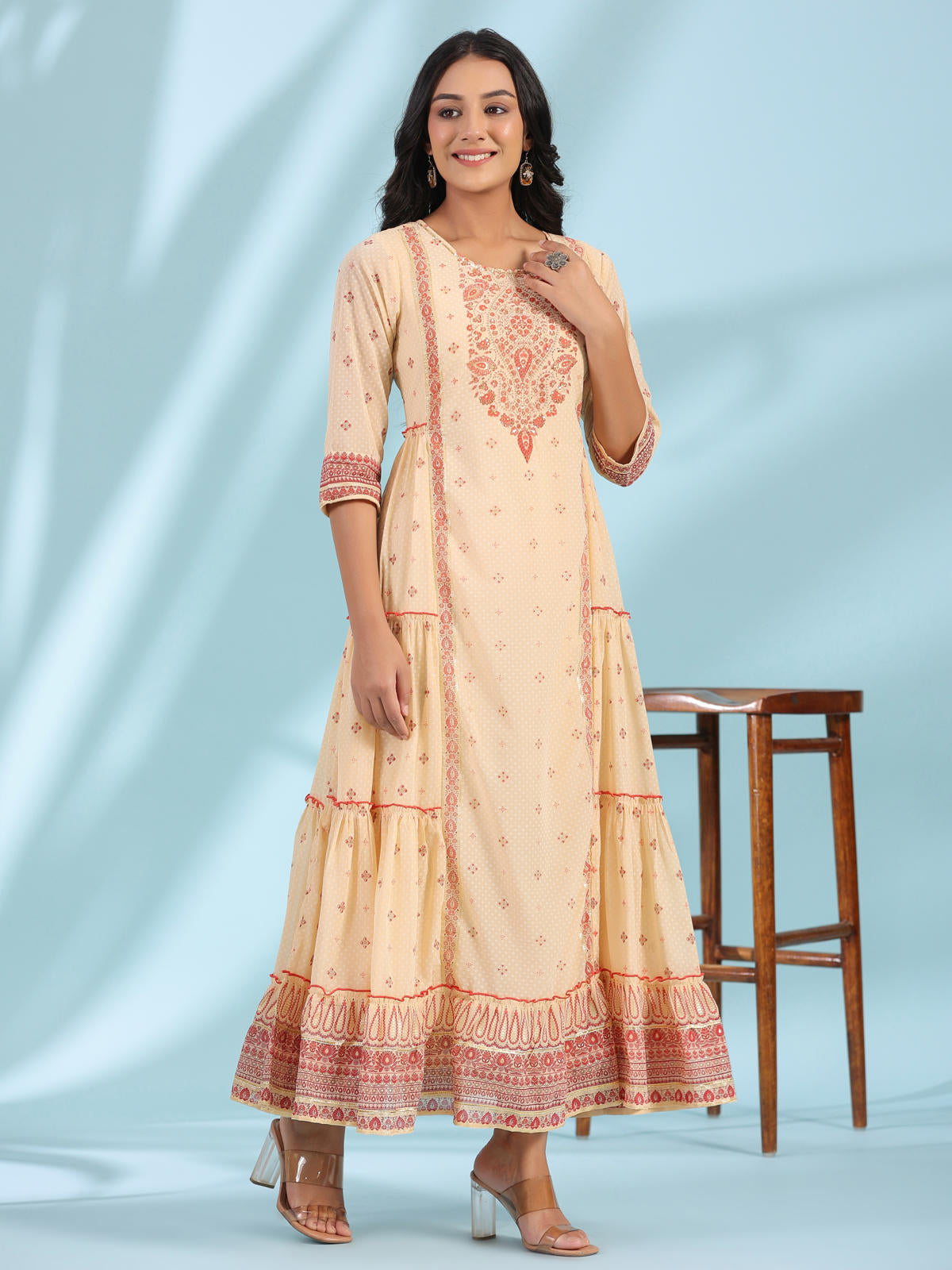 Juniper Women's Festive Ivory Ethnic Motif Printed Tiered Dress With Sequins & Beadwork | Grocsy