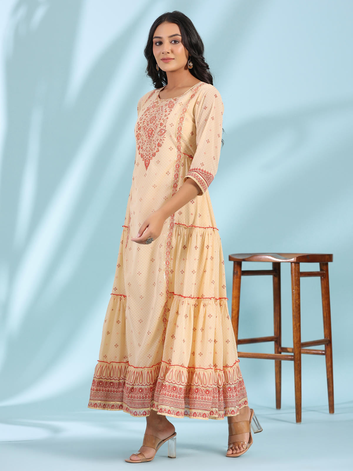 Juniper Women's Festive Ivory Ethnic Motif Printed Tiered Dress With Sequins & Beadwork | Grocsy