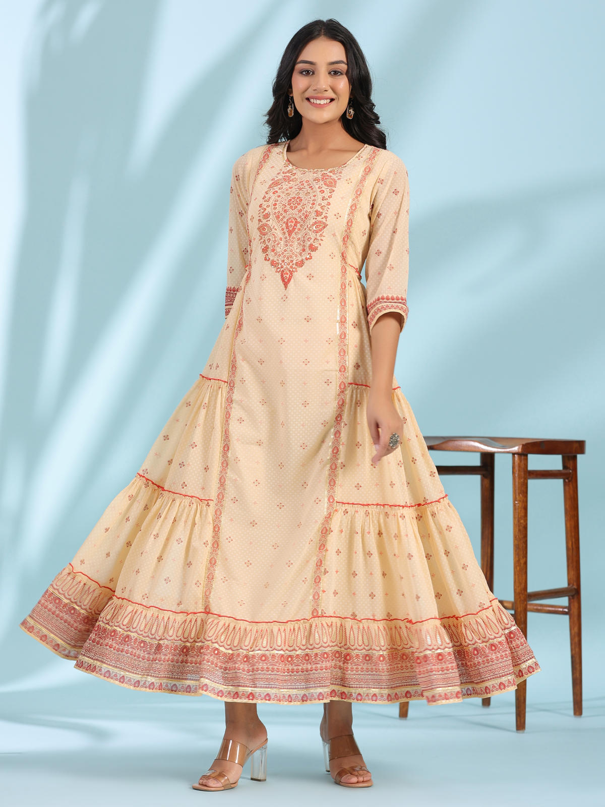 Juniper Women's Festive Ivory Ethnic Motif Printed Tiered Dress With Sequins & Beadwork | Grocsy