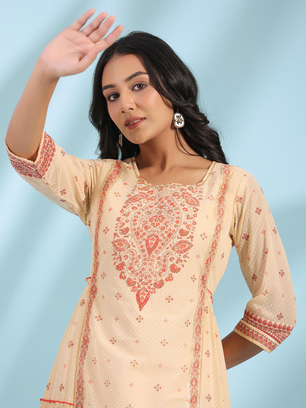 Juniper Women's Festive Ivory Ethnic Motif Printed Tiered Dress With Sequins & Beadwork | Grocsy