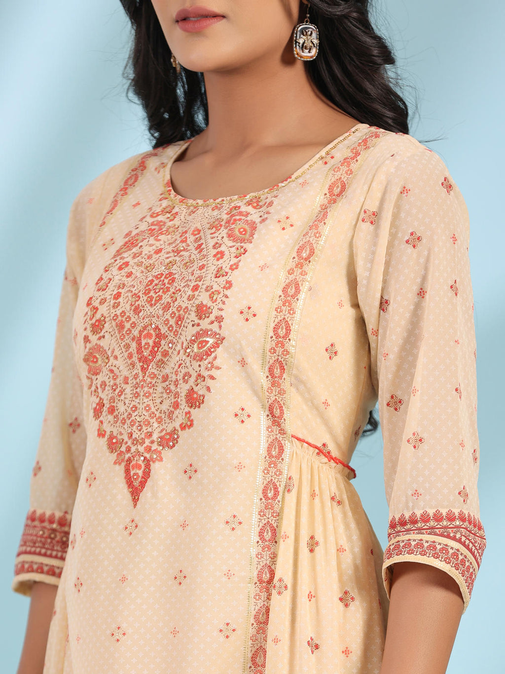 Juniper Women's Festive Ivory Ethnic Motif Printed Tiered Dress With Sequins & Beadwork | Grocsy