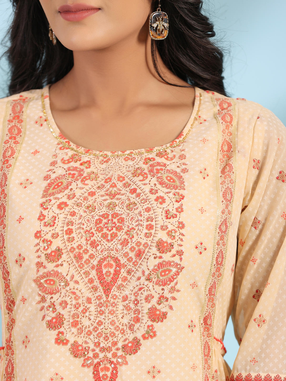Juniper Women's Festive Ivory Ethnic Motif Printed Tiered Dress With Sequins & Beadwork | Grocsy