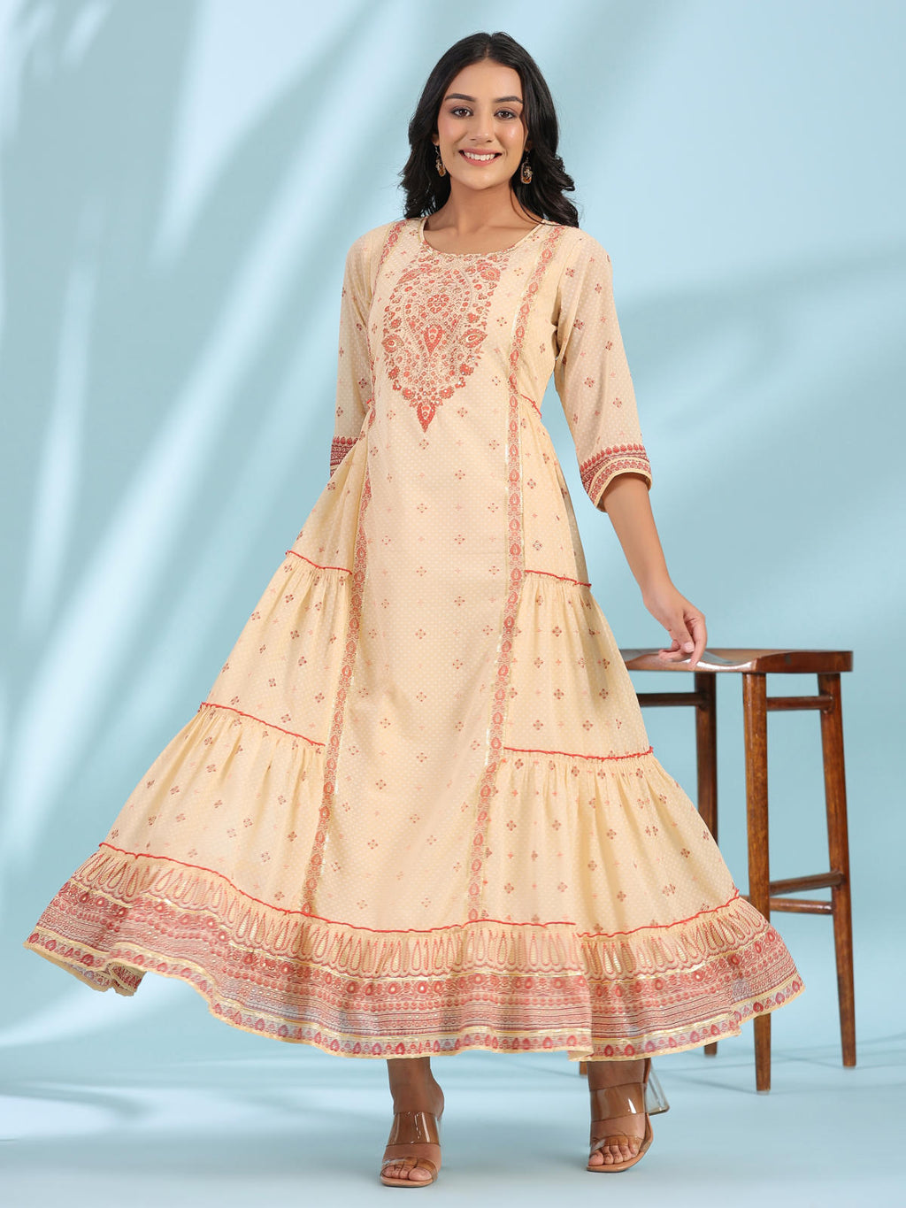 Juniper Women's Festive Ivory Ethnic Motif Printed Tiered Dress With Sequins & Beadwork | Grocsy