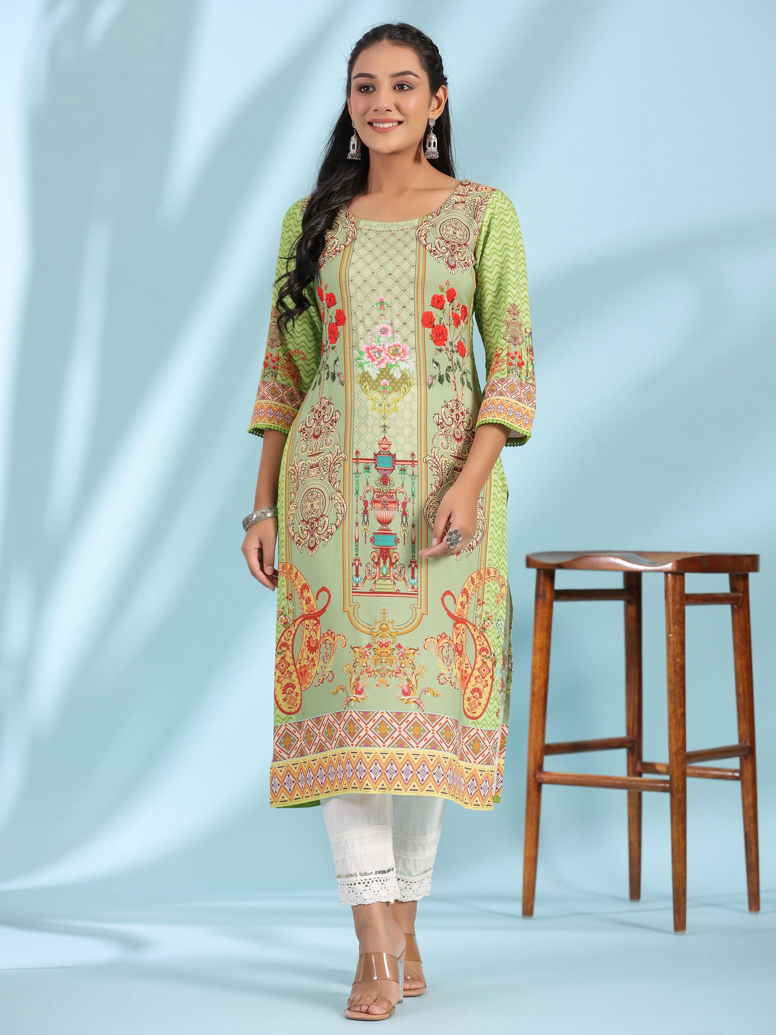 Juniper Green Rayon Floral Printed Round Neck Straight Kurta With Beadwork | Grocsy