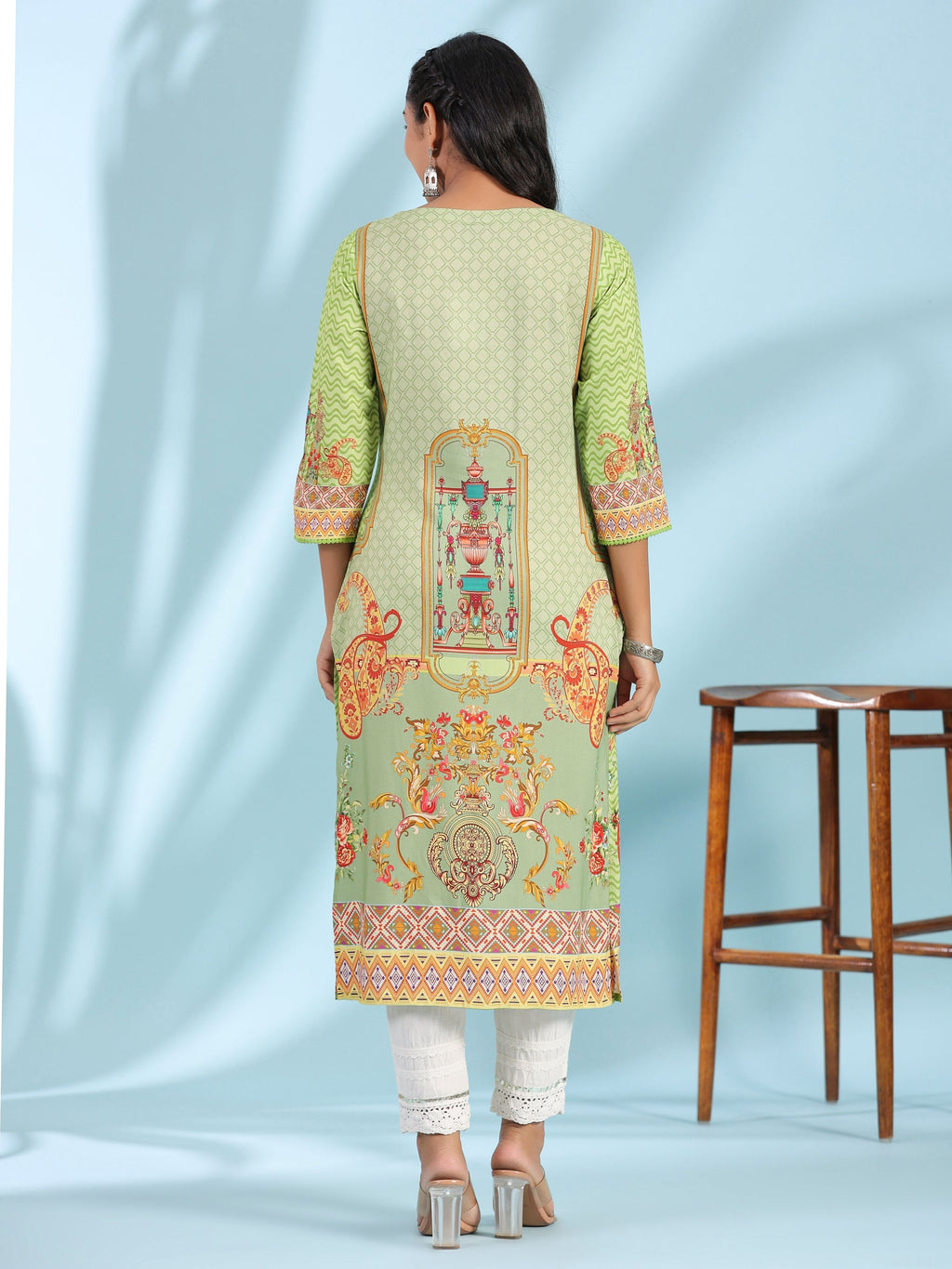 Juniper Green Rayon Floral Printed Round Neck Straight Kurta With Beadwork | Grocsy