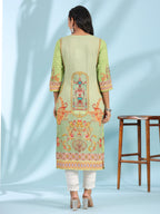 Juniper Green Rayon Floral Printed Round Neck Straight Kurta With Beadwork | Grocsy