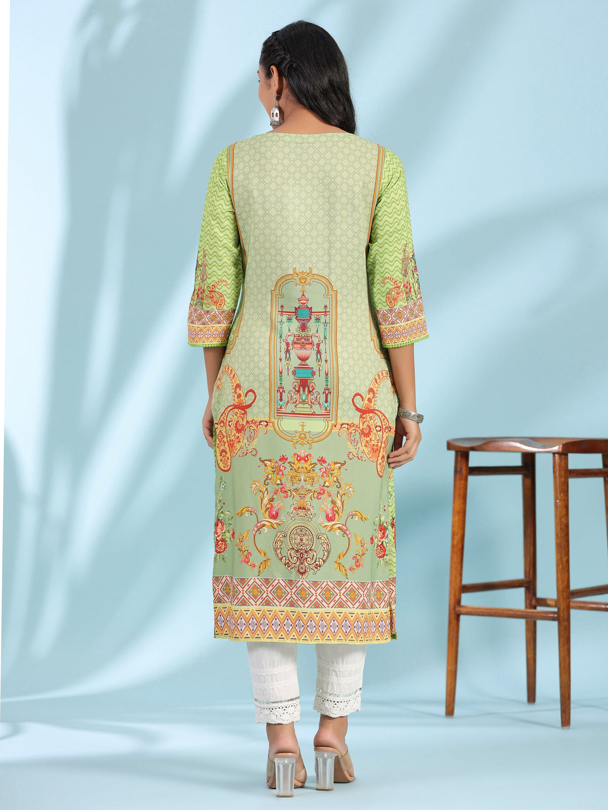 Juniper Green Rayon Floral Printed Round Neck Straight Kurta With Beadwork | Grocsy