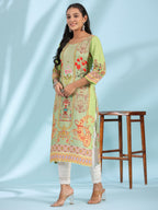Juniper Green Rayon Floral Printed Round Neck Straight Kurta With Beadwork | Grocsy